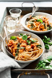 pasta met garnalen en waterkers